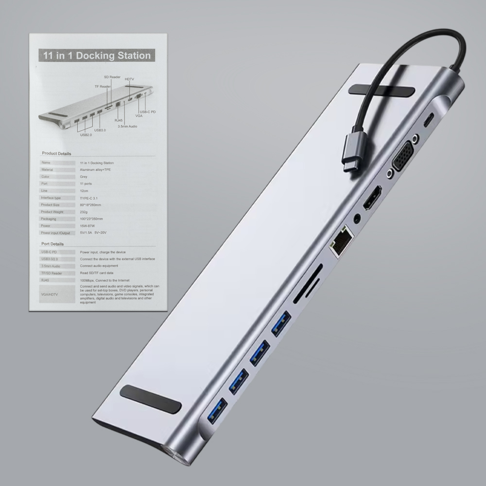 Gambar produk Docktion Hub USB Type C Adaptor HDMI 4K AUX Card Reader 11in1 - BYL-2003