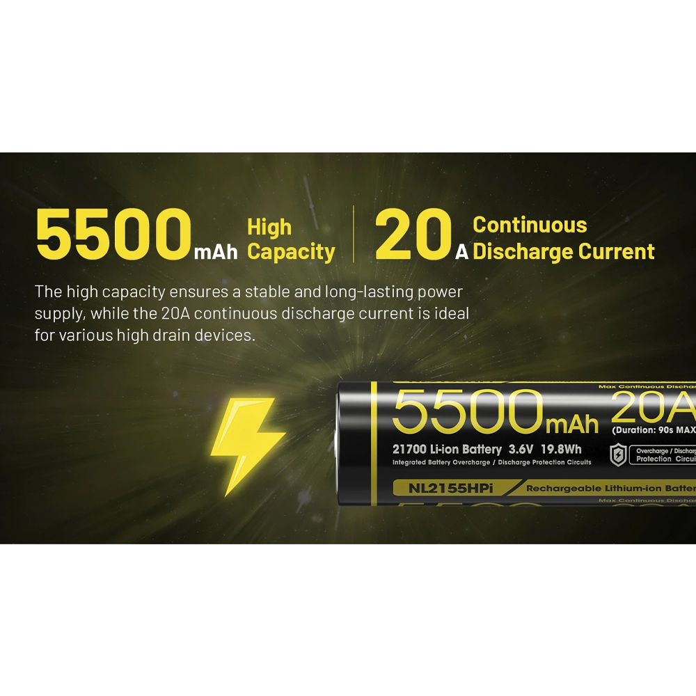 NITECORE Baterai Rechargeable 21700 3.6V 20A 5500mAh 1 PCS - NL2155HPi Gambar produk NITECORE Baterai Rechargeable 21700 3.6V 20A 5500mAh 1 PCS - NL2155HPi