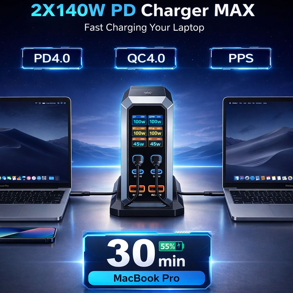 Asometech Charger Station Fast Charging LED Display Type C GaN 240W - YMX-240W Gambar produk Asometech Charger Station Fast Charging LED Display Type C GaN 240W - YMX-240W