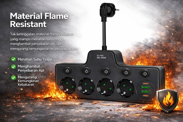 Gambar produk QIAOLIAN Stop Kontak Kabel USB Type C 10A 110-250V 2500W 8cm 3 Lubang - QL-1119U/QL-1118U