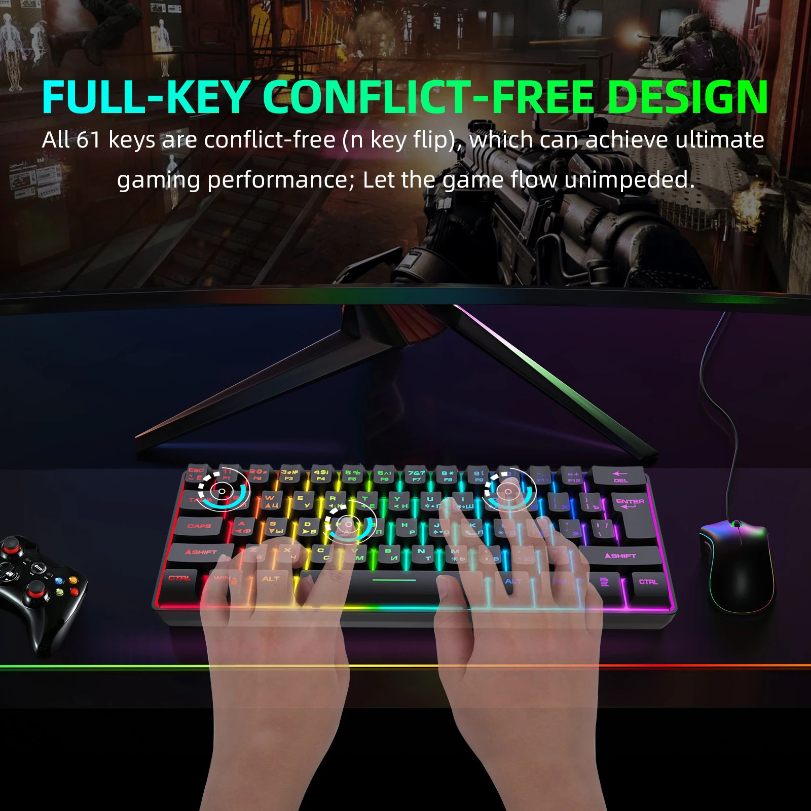 Mechova Keyboard Gaming RGB Mechanical Feel 61 Key Wireless 2.4G - K401 Gambar produk Mechova Keyboard Gaming RGB Mechanical Feel 61 Key Wireless 2.4G - K401