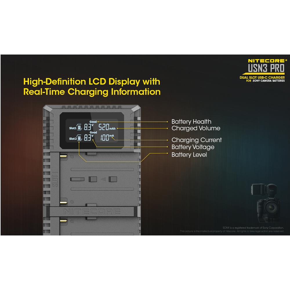Gambar produk NITECORE Charger Baterai 2 Slot Sony NP-FM500H NP-F730 NP-F750 QC LCD - USN3 Pro