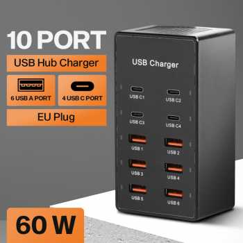 ALASICKA USB Hub Charger 10 Multi Port Type C 5V/2.4A 60W EU Plug - YC-A6