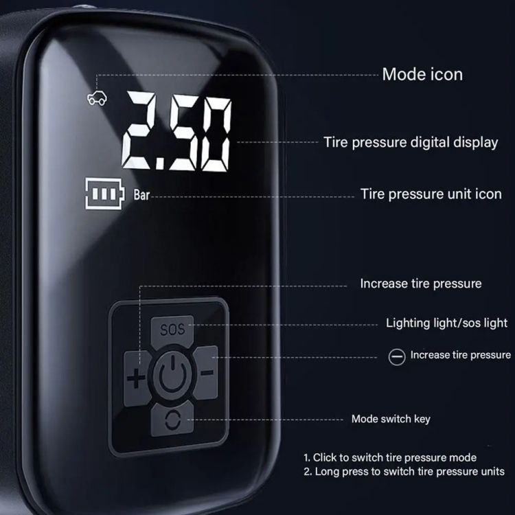 CENXINY Pompa Ban Elektrik Inflator Air Compressor Portable 2000mAh - WY-006 Gambar produk CENXINY Pompa Ban Elektrik Inflator Air Compressor Portable 2000mAh - WY-006