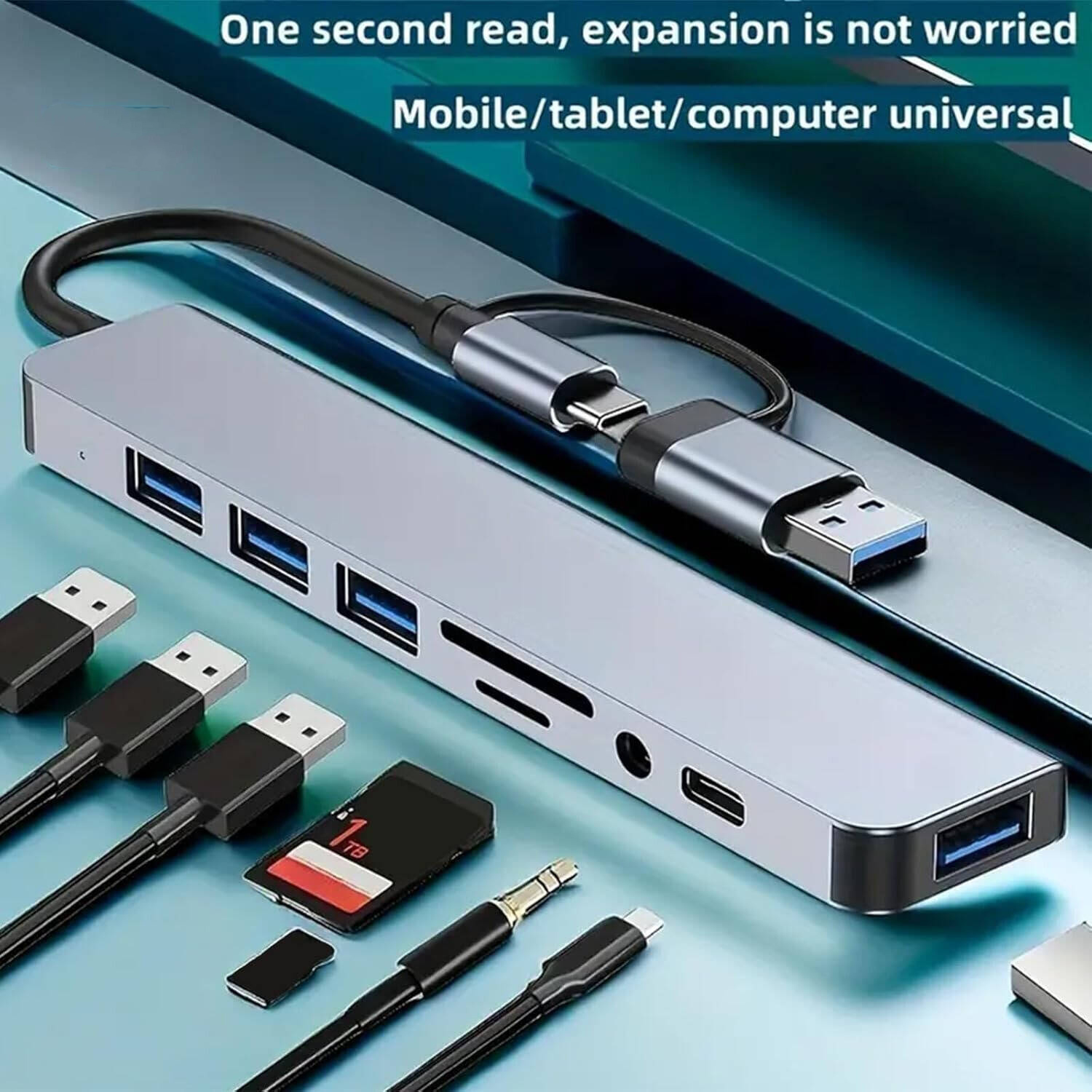 Gambar produk Shini USB Hub Type C 3.0 Adapter 8in1 USB 3.0 USB 2.0 TF SD AUX - INU40