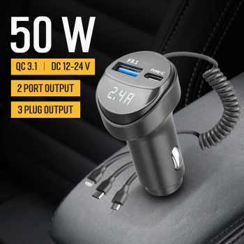 Miys Car Charger Mobil Fast Charging QC 3.1 with 3 Kabel Charger - KC-08