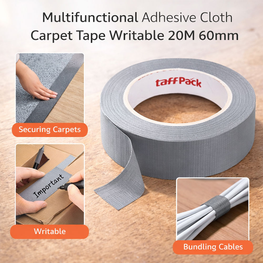 TaffPACK Lakban Kain Karpet Multifungsi Adhesive Cloth Tape Writable 20M 60mm - 23OU Gambar produk TaffPACK Lakban Kain Karpet Multifungsi Adhesive Cloth Tape Writable 20M 60mm - 23OU