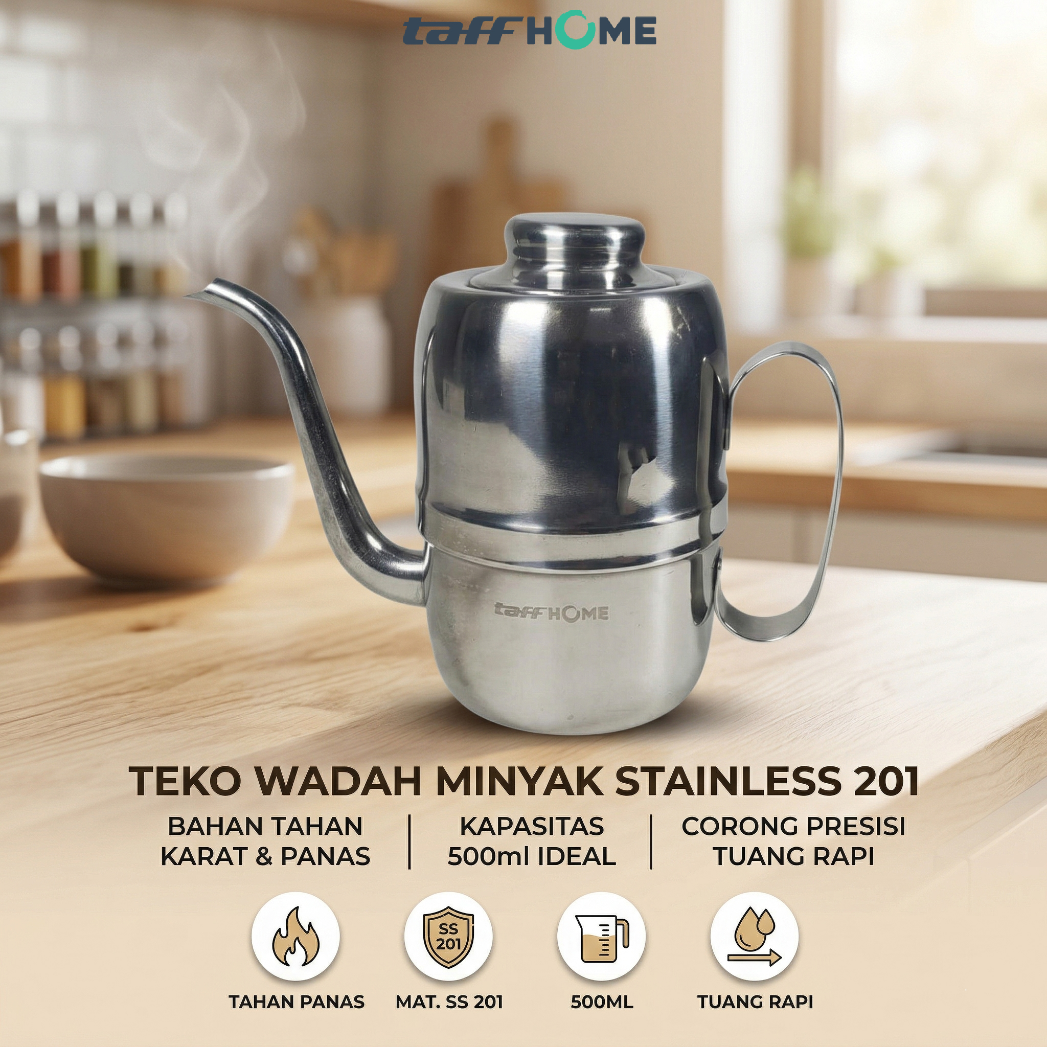 TaffHOME Teko Wadah Minyak Stainless Steel 201 Heat Resistant 500ml - SSO14 Gambar produk TaffHOME Teko Wadah Minyak Stainless Steel 201 Heat Resistant 500ml - SSO14