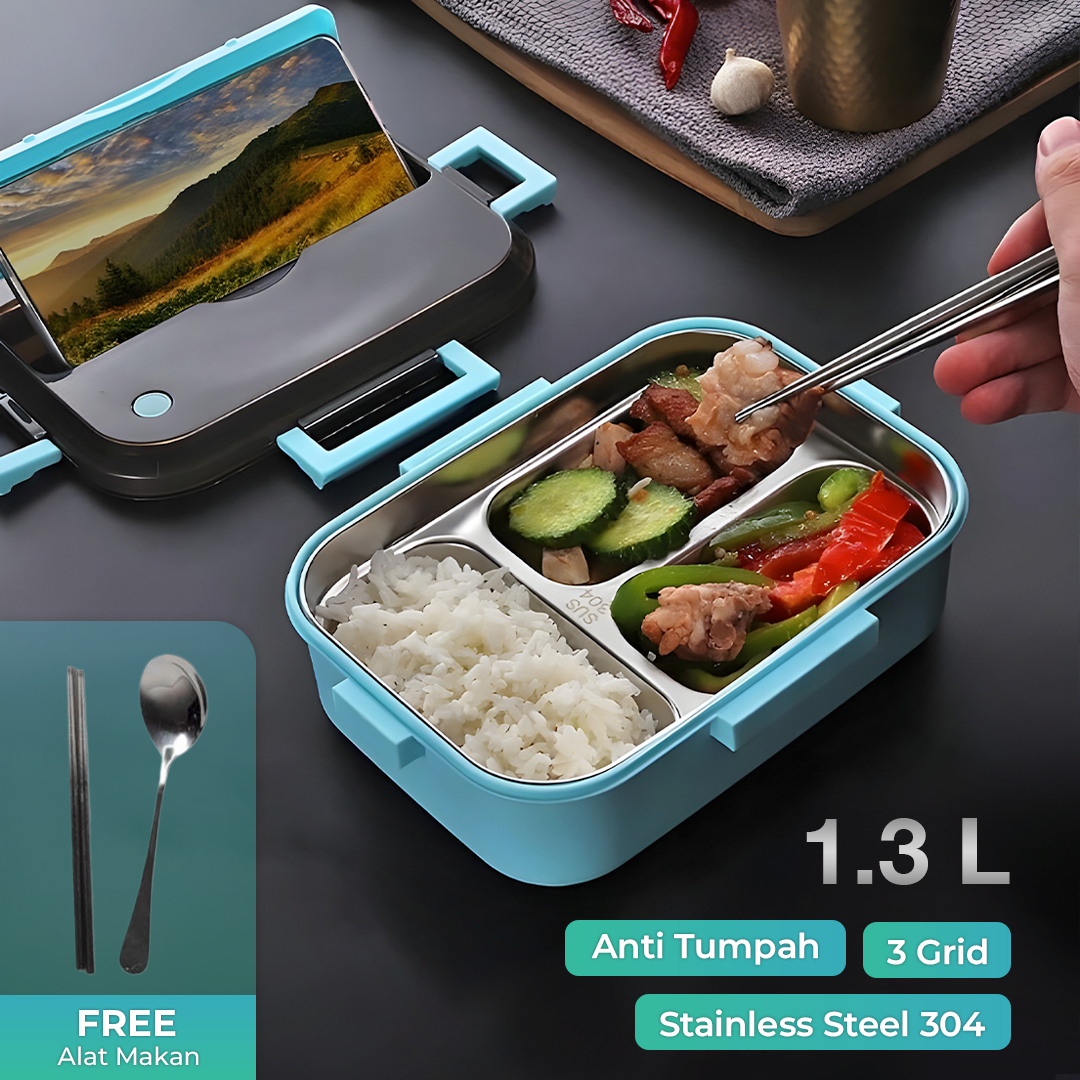 UPORS Kotak Makan Anti Tumpah Stainless Steel Lunch Box 3 Grid 1.3L - UP3 Gambar produk UPORS Kotak Makan Anti Tumpah Stainless Steel Lunch Box 3 Grid 1.3L - UP3