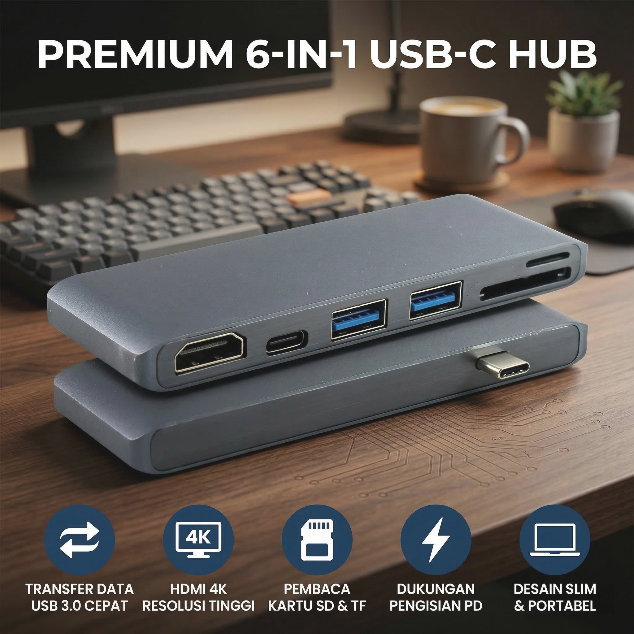 Gambar produk CHIPAL USB Hub Type C 3.0 Adapter 6in1 USB SD TF HDMI 4K PD - T62