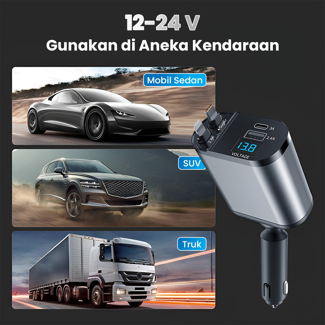 Gambar produk KEBETEME Car Charger Mobil Kabel USB Type C Lightning Port 24V 120W - KT2