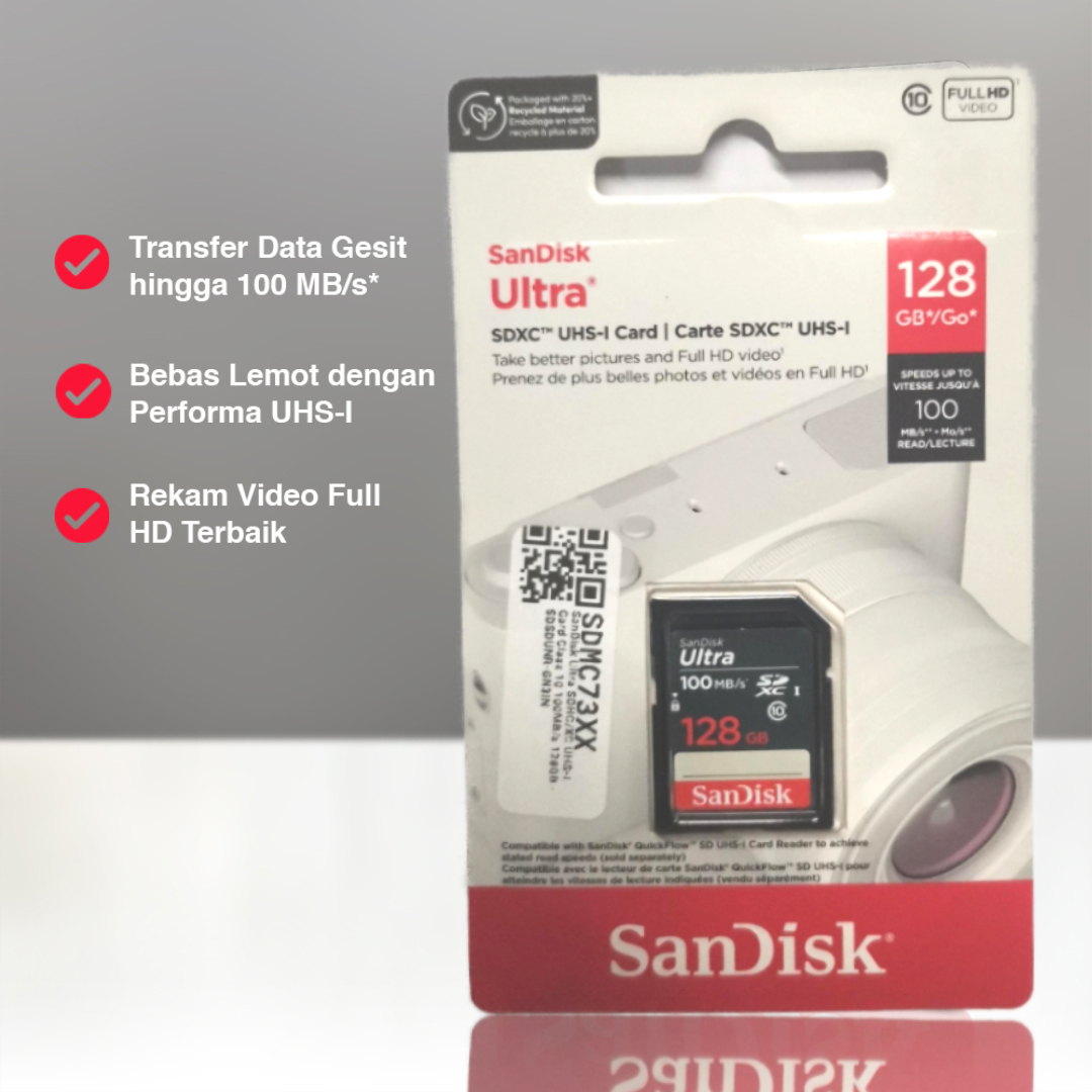 SanDisk Ultra SDHC/XC UHS-I Card Class 10 100MB/s 128GB - SDSDUNR-GN3IN Gambar produk SanDisk Ultra SDHC/XC UHS-I Card Class 10 100MB/s 128GB - SDSDUNR-GN3IN