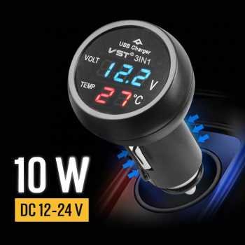 VST Car Charger Mobil Voltmeter Thermometer Digital USB Port 5V - VST-706