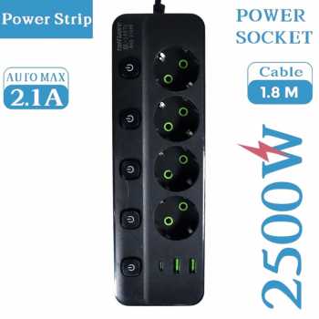 Taffware Stop Kontak Kabel USB Type C 10A 250V 2500W 1.8 M 4 Lubang - QL-1097U