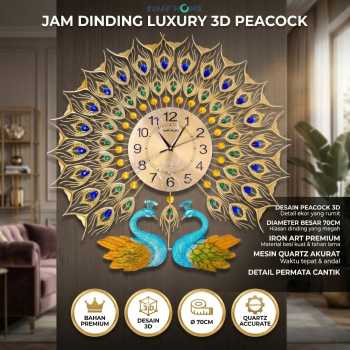TaffHOME Jam Dinding Quartz Iron Luxury Peacock 3D Style 70cm - SF765