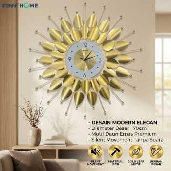 TaffHOME Jam Dinding Elegan Motif Daun Emas Iron Silent Movement 70cm - LZ-6