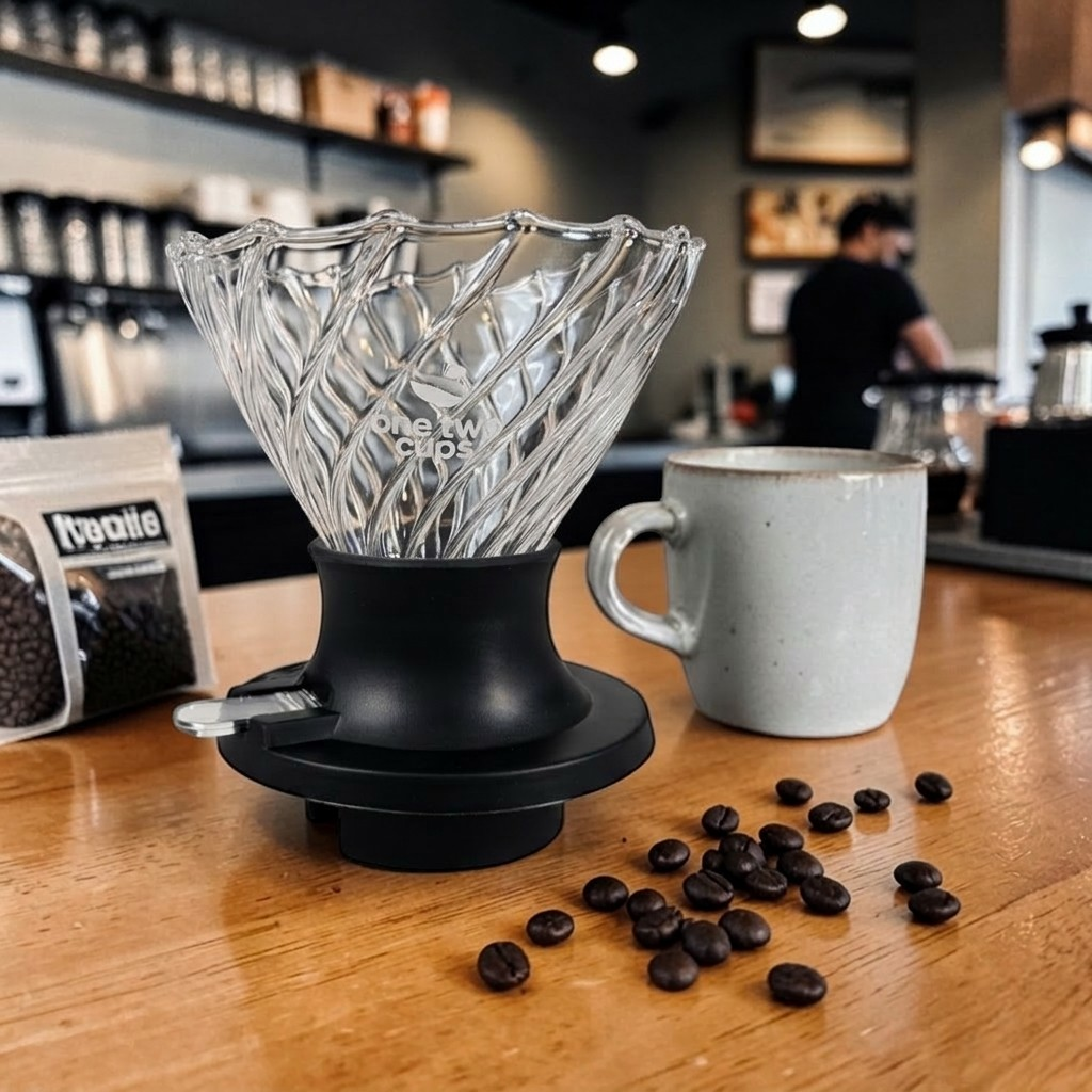 One Two Cups V60 Coffee Dripper Alat Seduh Kopi Manual Kaca 1-4 Cup Twirl - VD-40R Gambar produk One Two Cups V60 Coffee Dripper Alat Seduh Kopi Manual Kaca 1-4 Cup Twirl - VD-40R