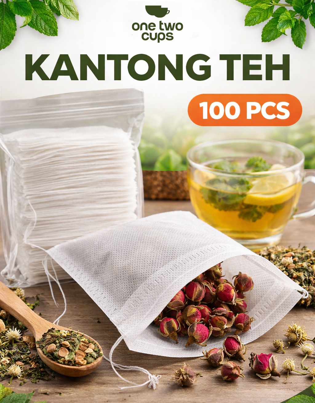 Gambar produk One Two Cups Kantong Teh Filter Saringan Tea Bag Disposable 100 PCS 12x16cm - M100 - Utama