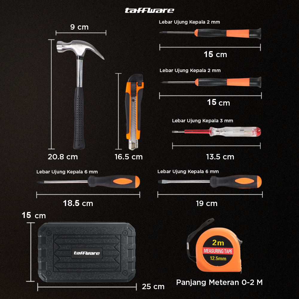 Taffware Alat Set Perkakas Palu Obeng Cutter Meteran 8in1 Gambar produk Taffware Alat Set Perkakas Palu Obeng Cutter Meteran 8in1