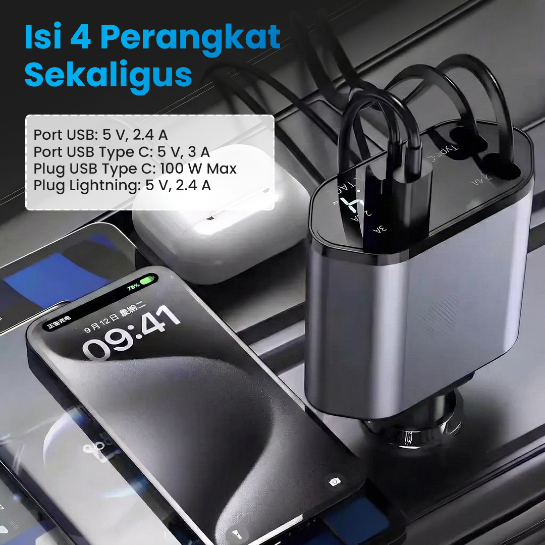 Gambar produk KEBETEME Car Charger Mobil Kabel USB Type C Lightning Port 24V 120W - KT2