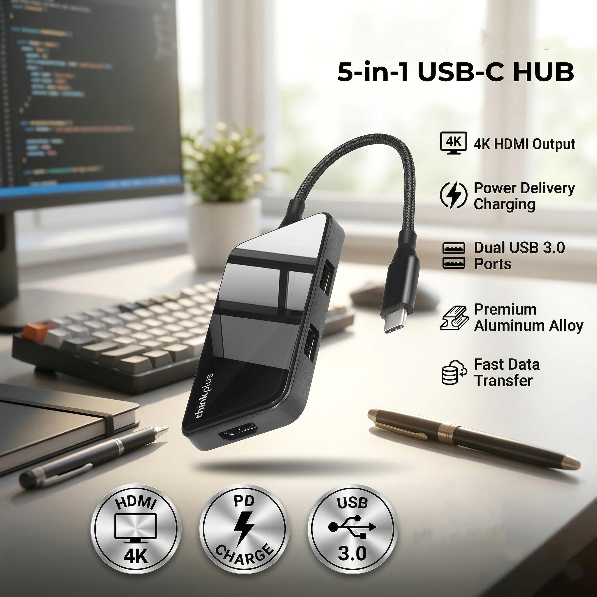 Lenovo Thinkplus USB Hub Type C 3.0 Adapter 5in1 USB HDMI USB Type C - TPH-05 Gambar produk Lenovo Thinkplus USB Hub Type C 3.0 Adapter 5in1 USB HDMI USB Type C - TPH-05