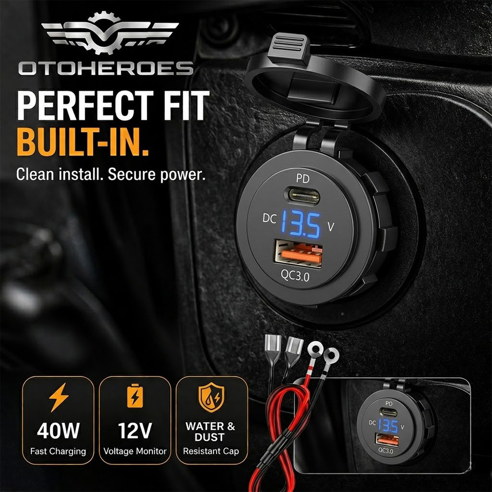 Gambar produk OTOHEROES Charger HP Motor Dual USB QC 3.0 Type C 12V Voltmeter 40 W - ZE12V