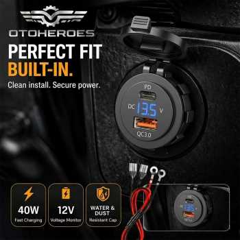 OTOHEROES Charger HP Motor Dual USB QC 3.0 Type C 12V Voltmeter 40 W - ZE12V
