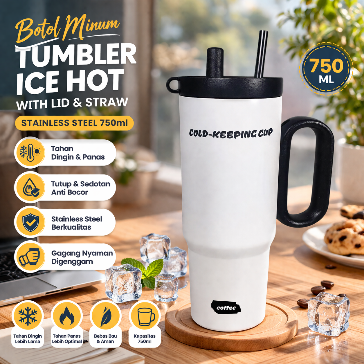 Bingo Botol Minum Tumbler Ice Hot With Lid Straw Stainless Steel 750ml - B-9400 Gambar produk Bingo Botol Minum Tumbler Ice Hot With Lid Straw Stainless Steel 750ml - B-9400 - Utama