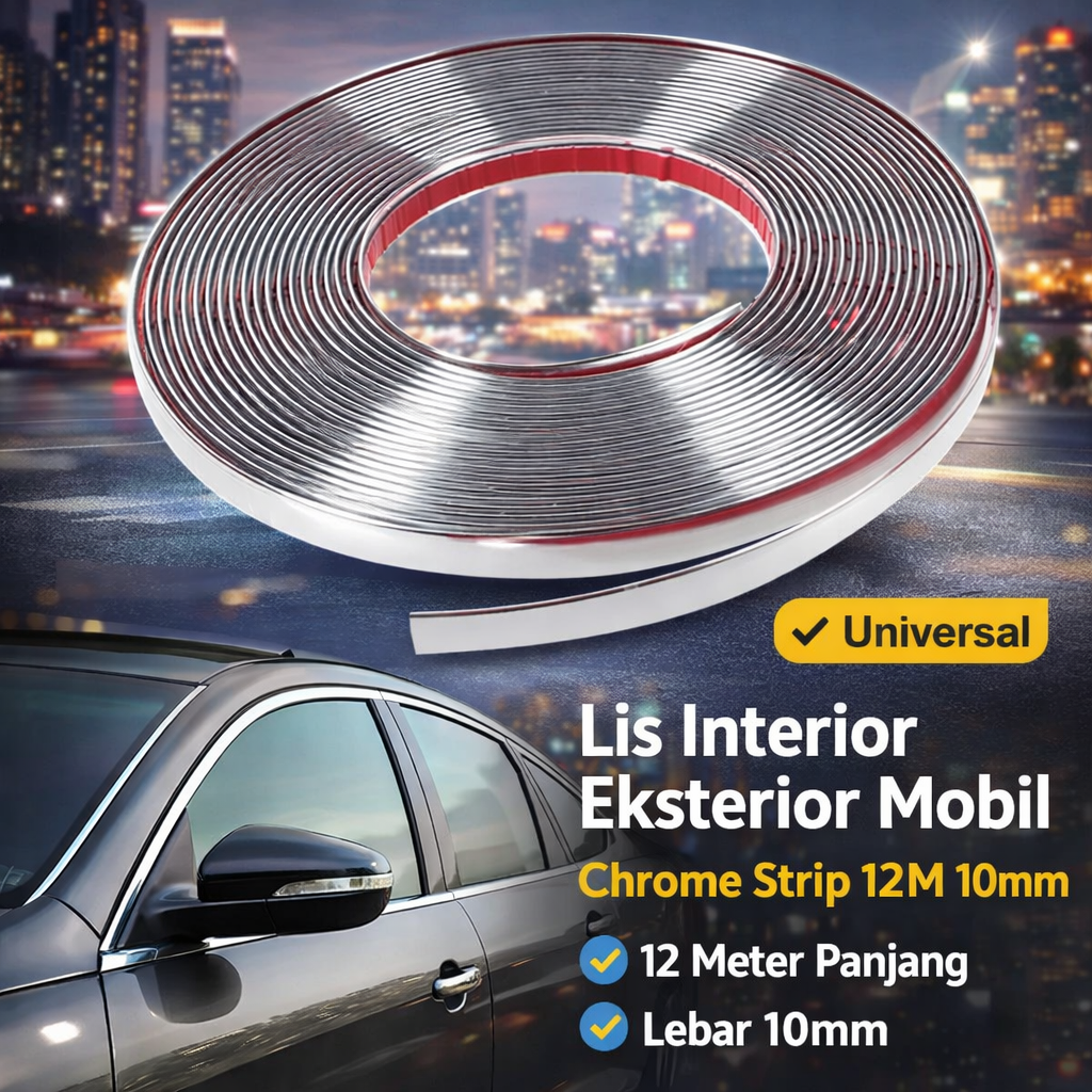 Gambar produk PIN SU Lis Dekorasi Interior Eksterior Mobil Chrome Strip 12M 10mm - YH - Utama