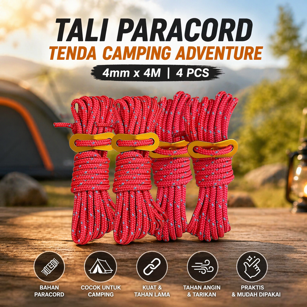 Gambar produk YEAHMAT Tali Paracord Tenda Camping Adventure Windproof 4mmx4M 4 PCS - YG148