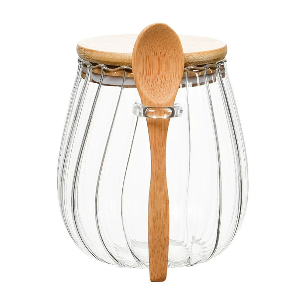 Gambar produk ECHOU Toples Kaca Borosilikat Vintage Wooden with Spoon Storage Jar 700ml - ECH-145