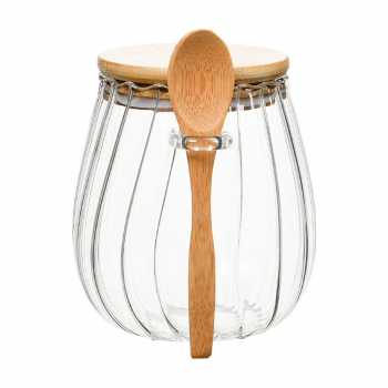 Gambar produk ECHOU Toples Kaca Borosilikat Vintage Wooden with Spoon Storage Jar 700ml - ECH-145