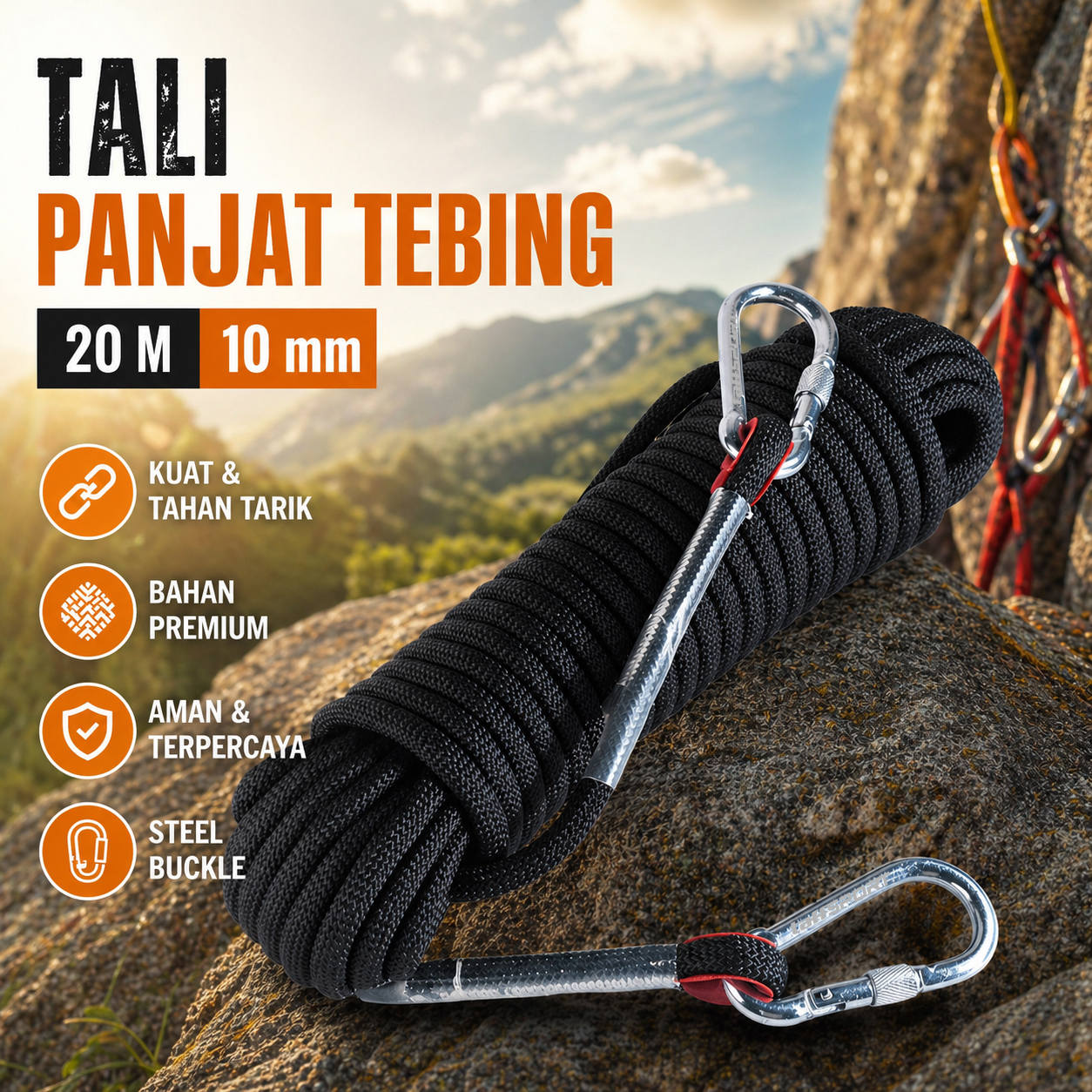Gambar produk TaffSPORT Tali Paracord Panjat Tebing Climbing Rope 10mm Steel Buckle 20M - P4 - Utama