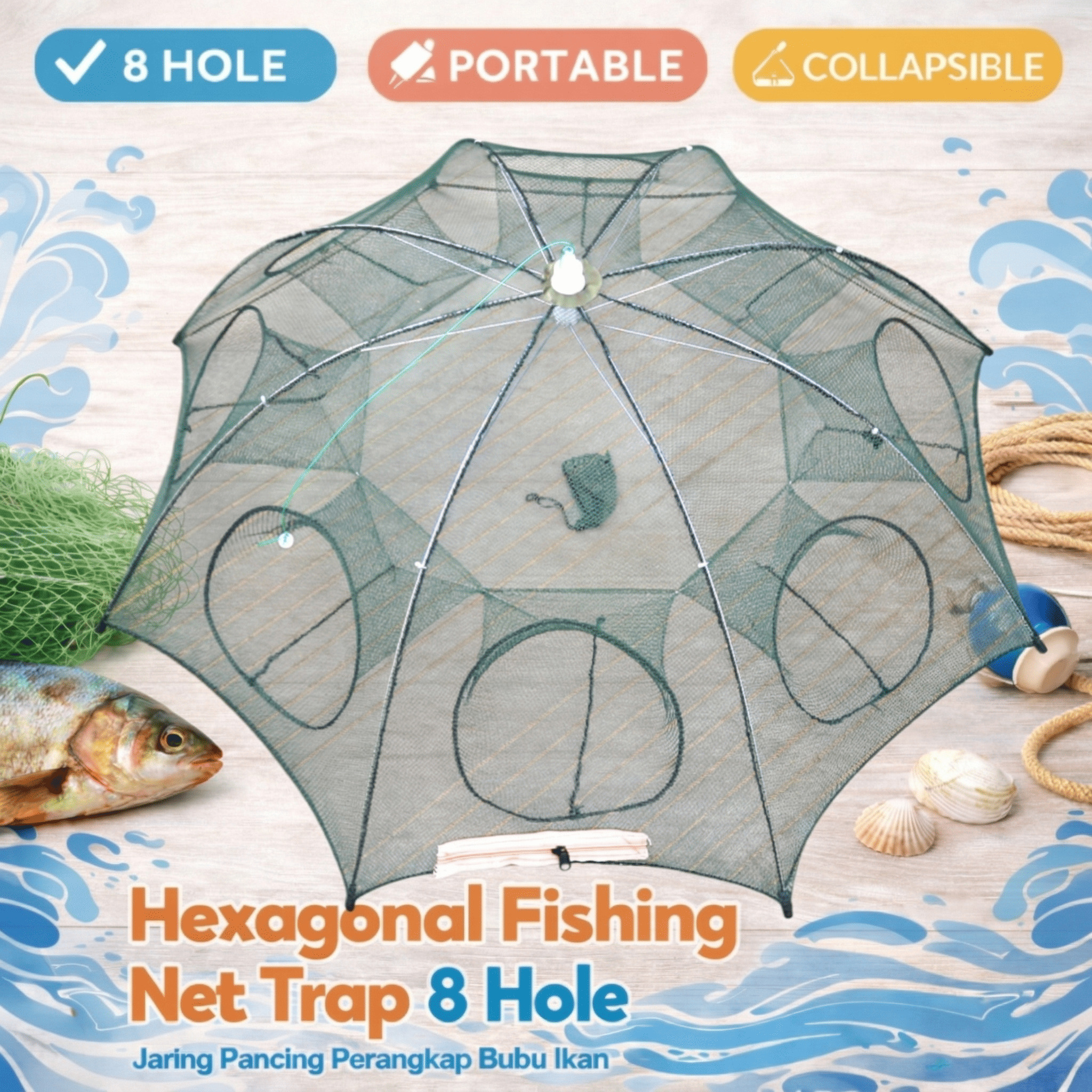 Jaring Pancing Perangkap Bubu Ikan Hexagonal Fishing Net Trap 8 Hole Gambar produk Jaring Pancing Perangkap Bubu Ikan Hexagonal Fishing Net Trap 8 Hole