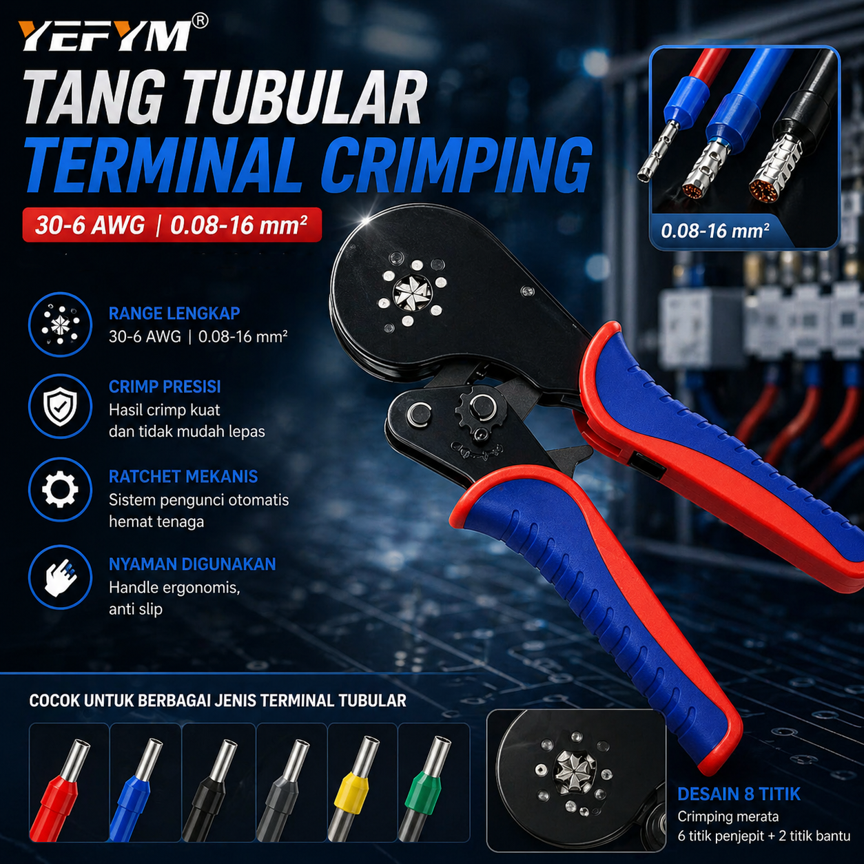 YEFYM Tang Tubular Terminal Crimping Tools Pliers 30-6 AWG 0.08-16mm2 - HSC10 16-6 Gambar produk YEFYM Tang Tubular Terminal Crimping Tools Pliers 30-6 AWG 0.08-16mm2 - HSC10 16-6 - Utama