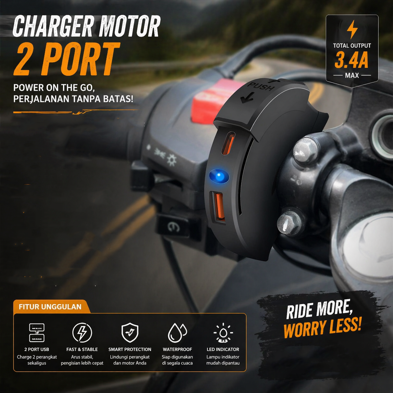 Gambar produk SIKEO Charger Motor 2 Port USB Type C PD QC 3.0 with Waterproof Cover - SK30 - Utama