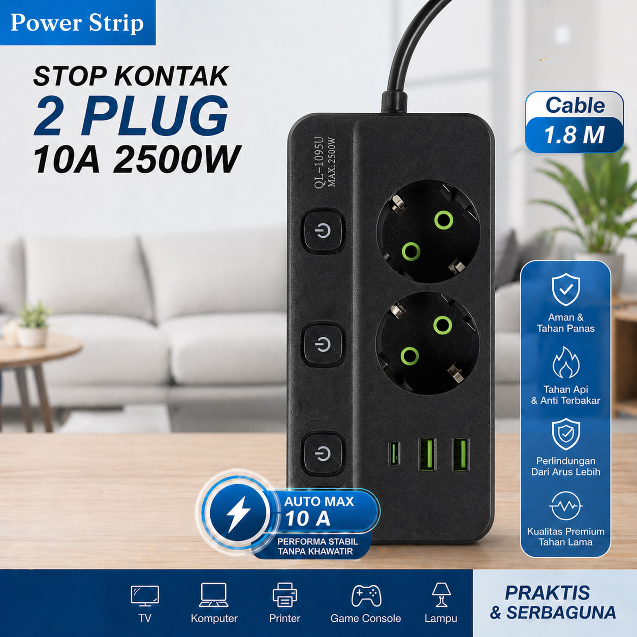 Gambar produk Taffware Stop Kontak Kabel USB Type C 10A 110-250V 2500W 1.8M 2 Lubang - QL-1095U