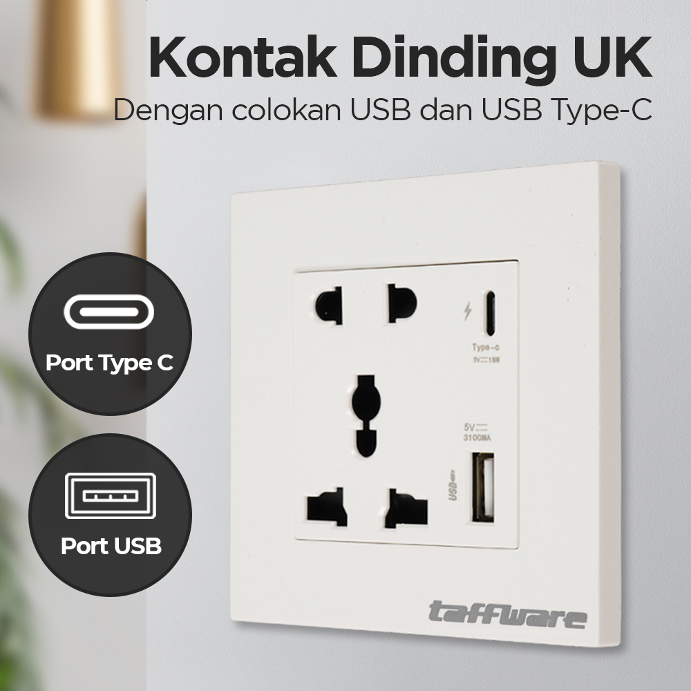 Gambar produk Taffware Stop Kontak Dinding UK 2 Port USB Type C Socket - DZ-BLCX-11 - Utama