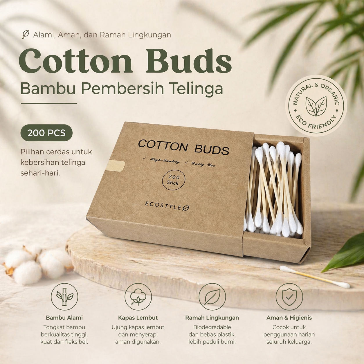 Biode Cotton Buds Bambu Pembersih Telinga Korek Kuping 200 PCS - BD277 Gambar produk Biode Cotton Buds Bambu Pembersih Telinga Korek Kuping 200 PCS - BD277 - Utama