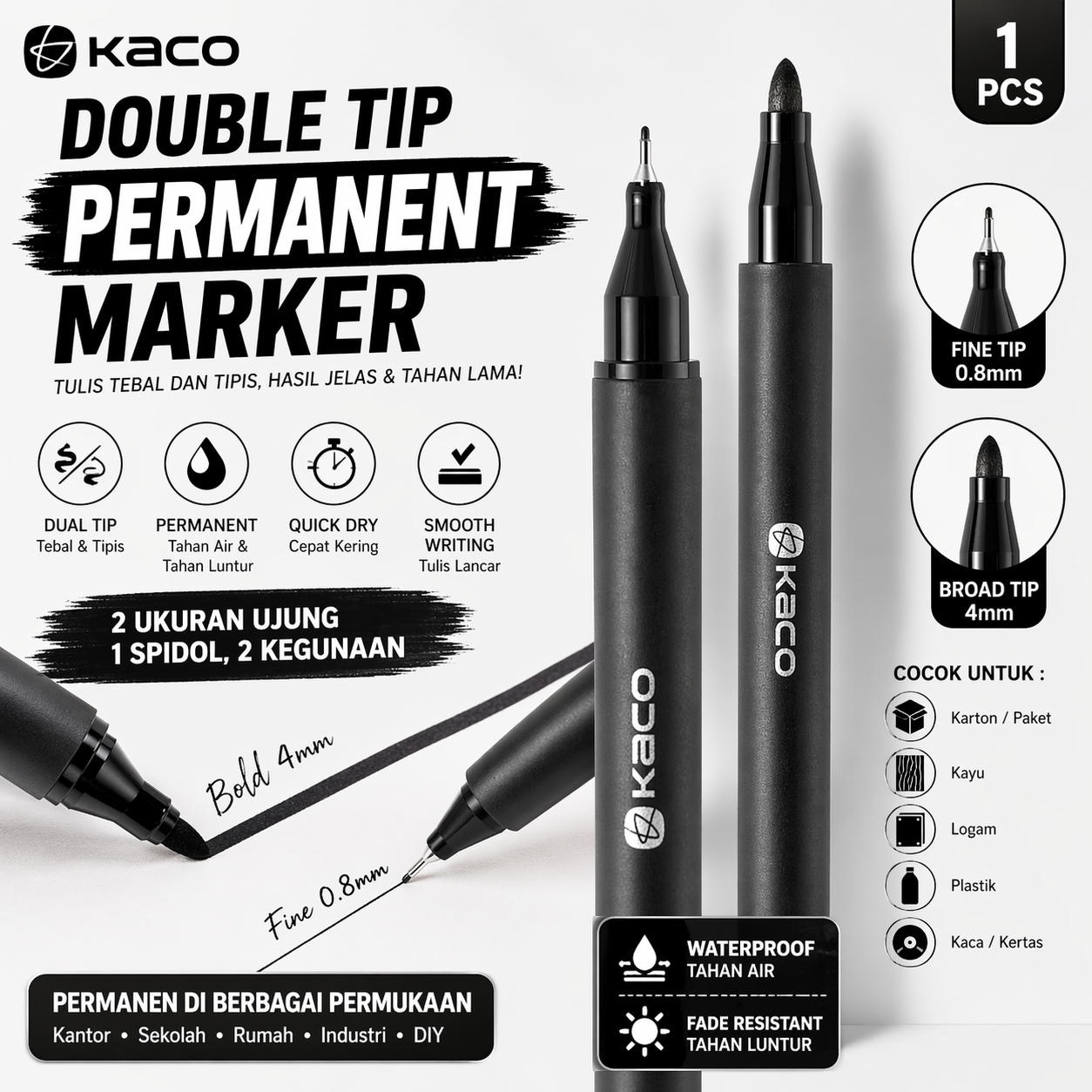 Gambar produk Kaco Pure Spidol Double Tip Permanent Marker 4 mm 0.8mm 1 PCS - K1051
