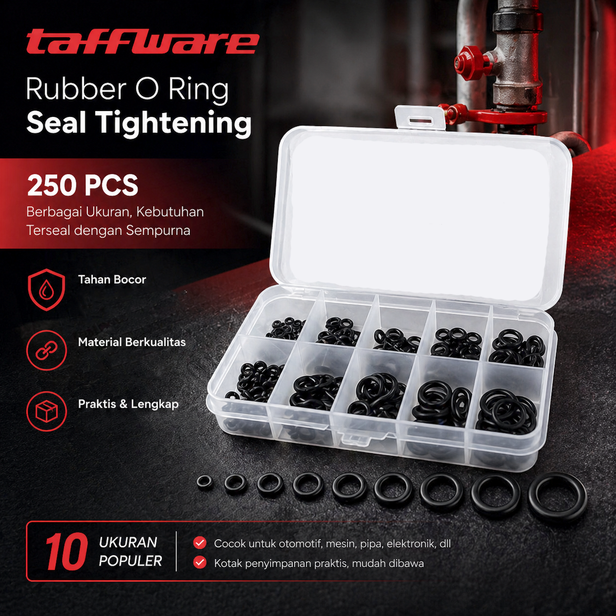 Taffware Karet Rubber O-Ring Seal Tightening Multifungsi 250 PCS - E436 Gambar produk Taffware Karet Rubber O-Ring Seal Tightening Multifungsi 250 PCS - E436 - Utama