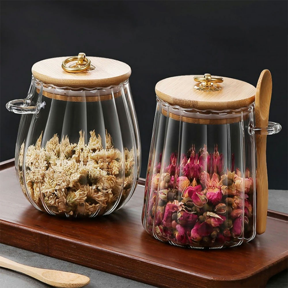Gambar produk ECHOU Toples Kaca Borosilikat Vintage Wooden with Spoon Storage Jar 650ml - ECH-145