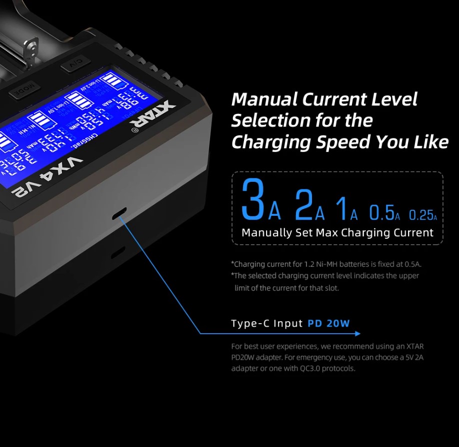 XTAR Charger Baterai 4 Slot AA AAA Li-Ion Ni-MH USB Type C QC3.0 - VX4 V2 Gambar produk XTAR Charger Baterai 4 Slot AA AAA Li-Ion Ni-MH USB Type C QC3.0 - VX4 V2