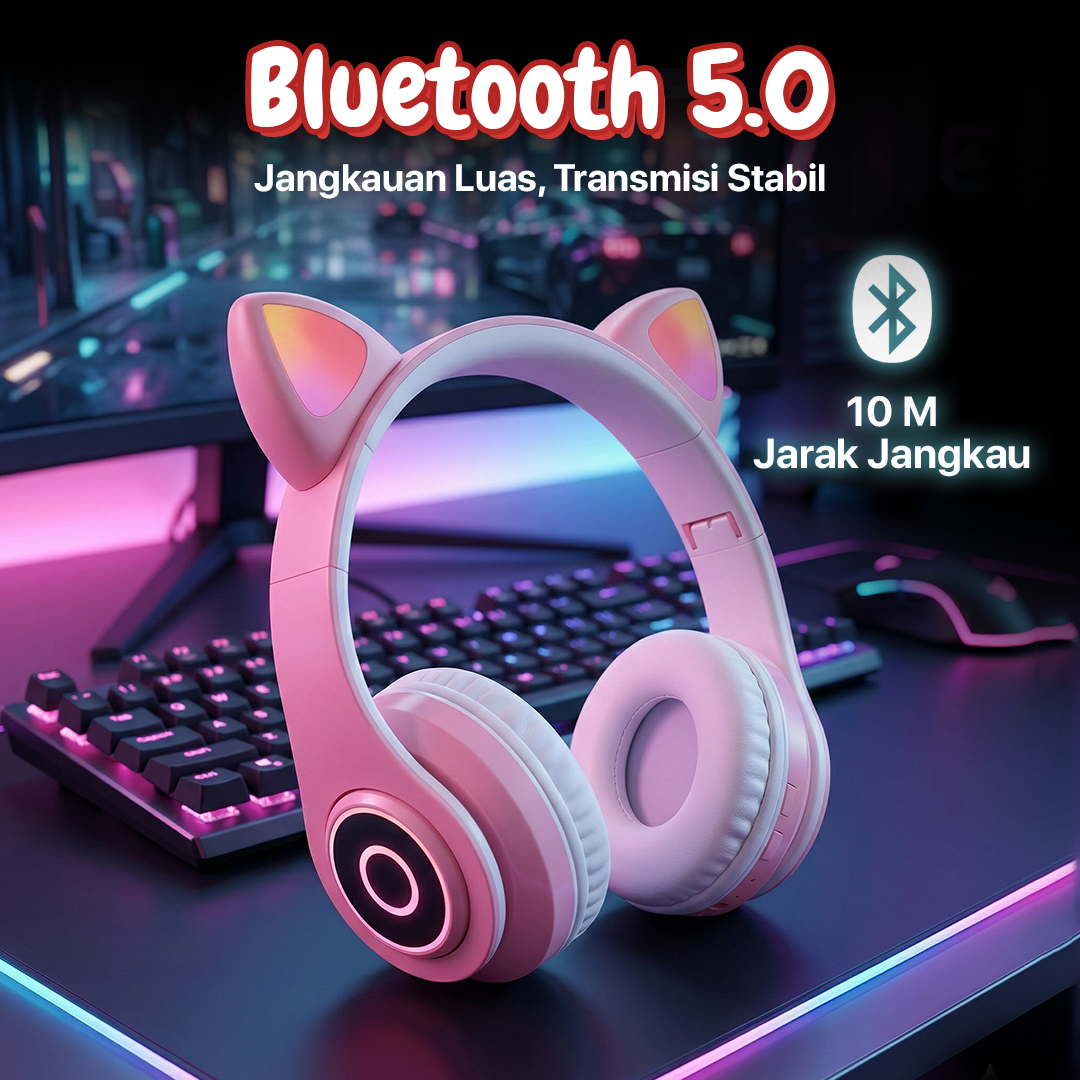 RLoop Headphone Bluetooth 5.0 Cute Cat Ear LED RGB TF Port 400mAh - LX-B39A Gambar produk RLoop Headphone Bluetooth 5.0 Cute Cat Ear LED RGB TF Port 400mAh - LX-B39A