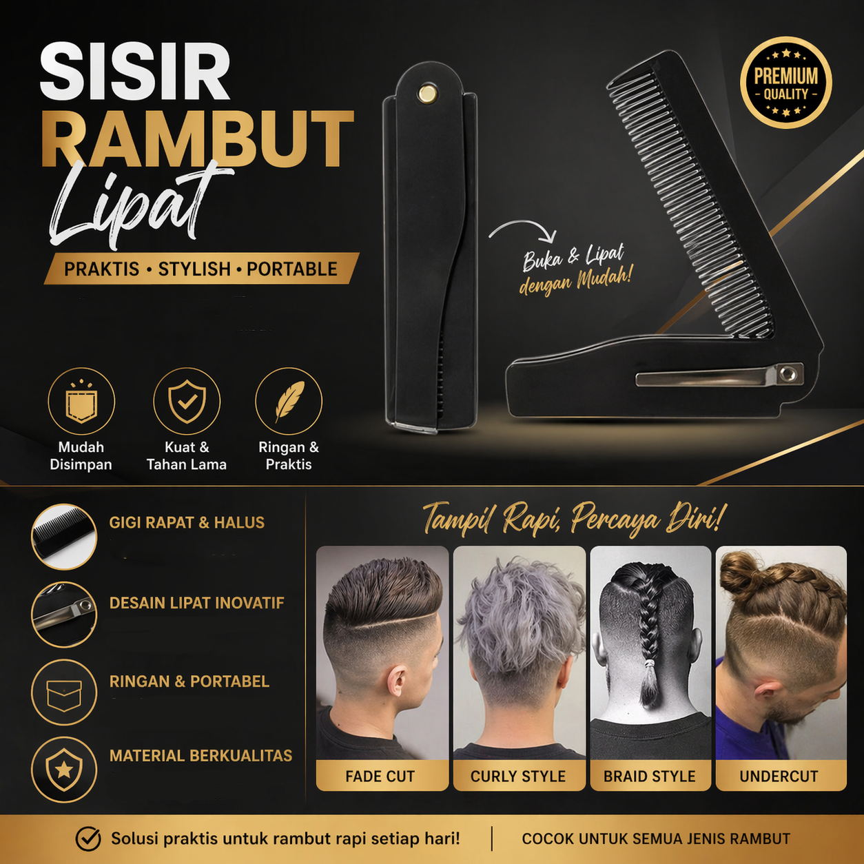 DK Sisir Rambut Lipat Foldable Pocket Hair Comb - HC002 Gambar produk DK Sisir Rambut Lipat Foldable Pocket Hair Comb - HC002 - Utama
