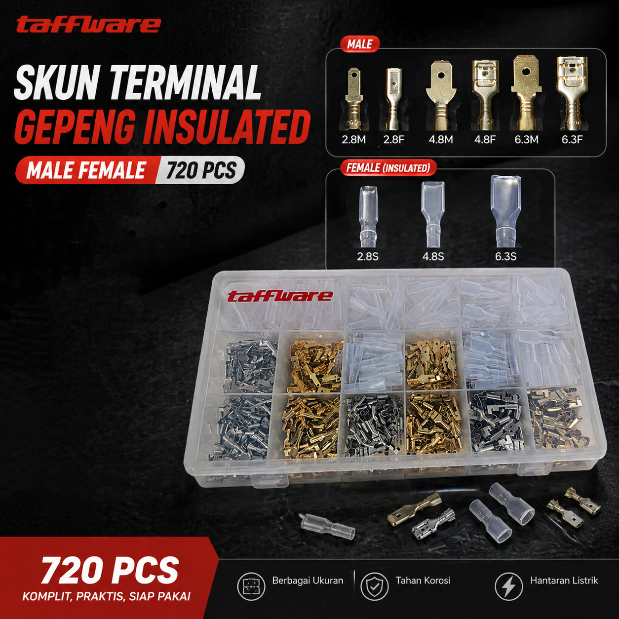 Taffware Skun Terminal Gepeng Insulated Connector Male Female 720 PCS - GB7 Gambar produk Taffware Skun Terminal Gepeng Insulated Connector Male Female 720 PCS - GB7 - Utama