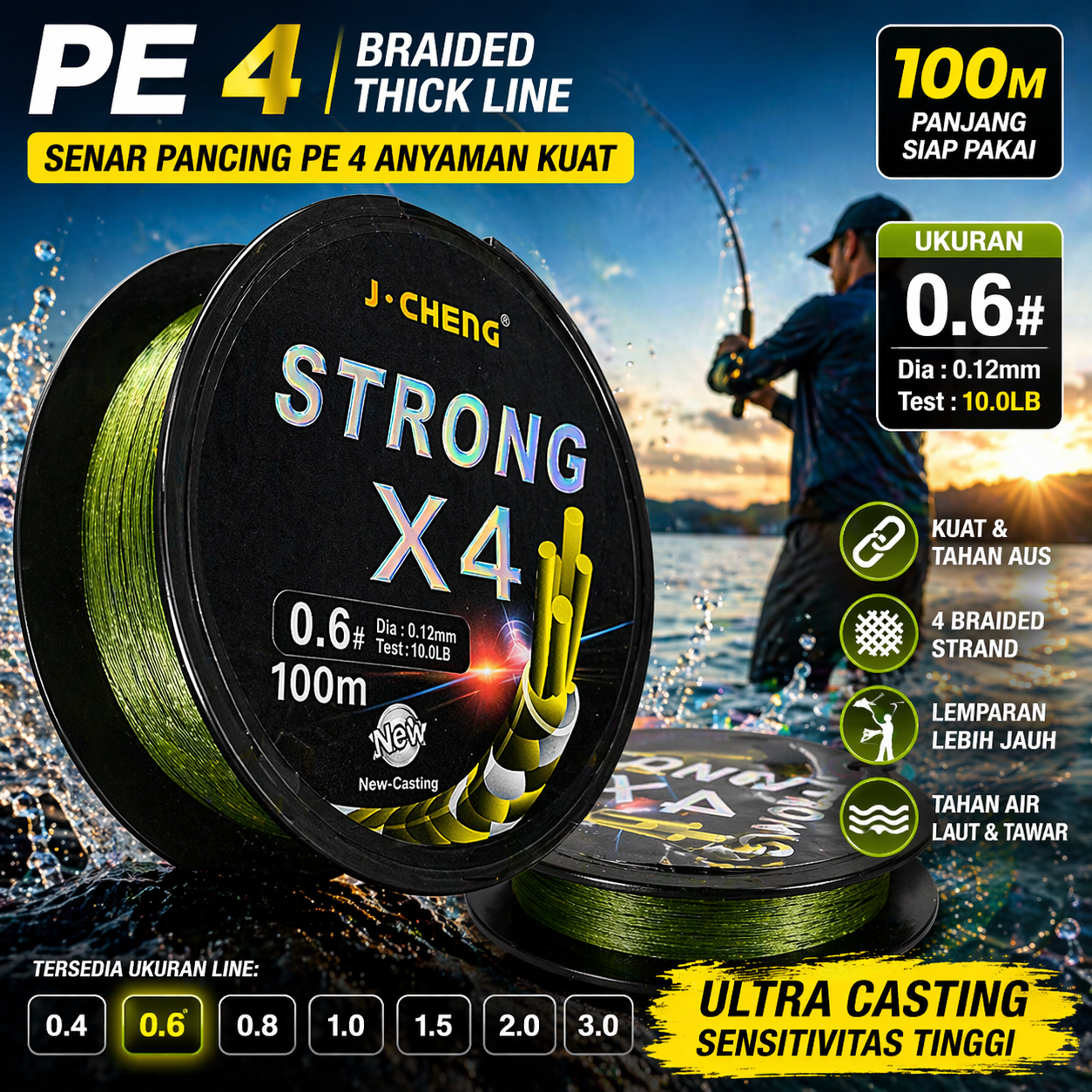 J-Cheng Senar Pancing PE 4 Braided Strand Fishing Line 100M 0.6 - JC4180 Gambar produk J-Cheng Senar Pancing PE 4 Braided Strand Fishing Line 100M 0.6 - JC4180 - Utama