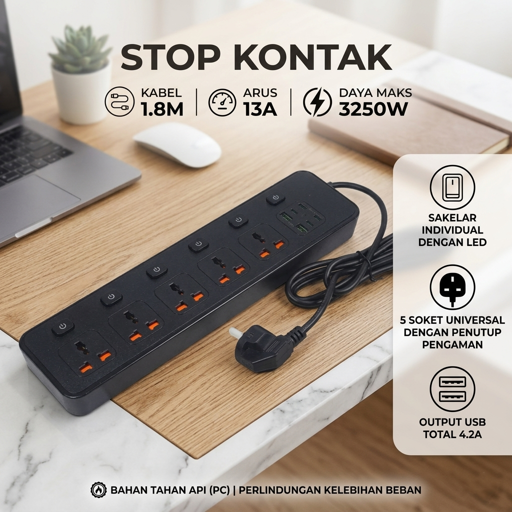 SHEPSON Stop Kontak Kabel USB Type C 13A 100-250V 3250W 1.8M 5 Lubang - BKL-25 Gambar produk SHEPSON Stop Kontak Kabel USB Type C 13A 100-250V 3250W 1.8M 5 Lubang - BKL-25 - Utama
