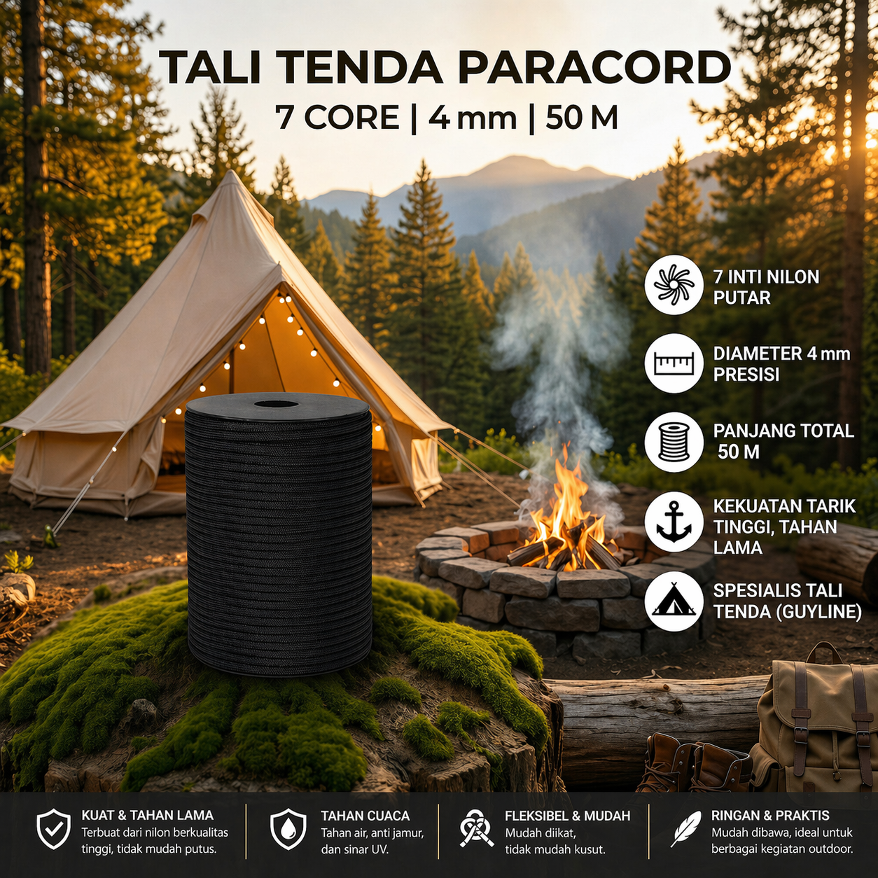 Gambar produk KOTUDENAVY Tali Tenda Paracord Rope Clothes Drying 7 Core 4mm 50M - KO5 - Utama