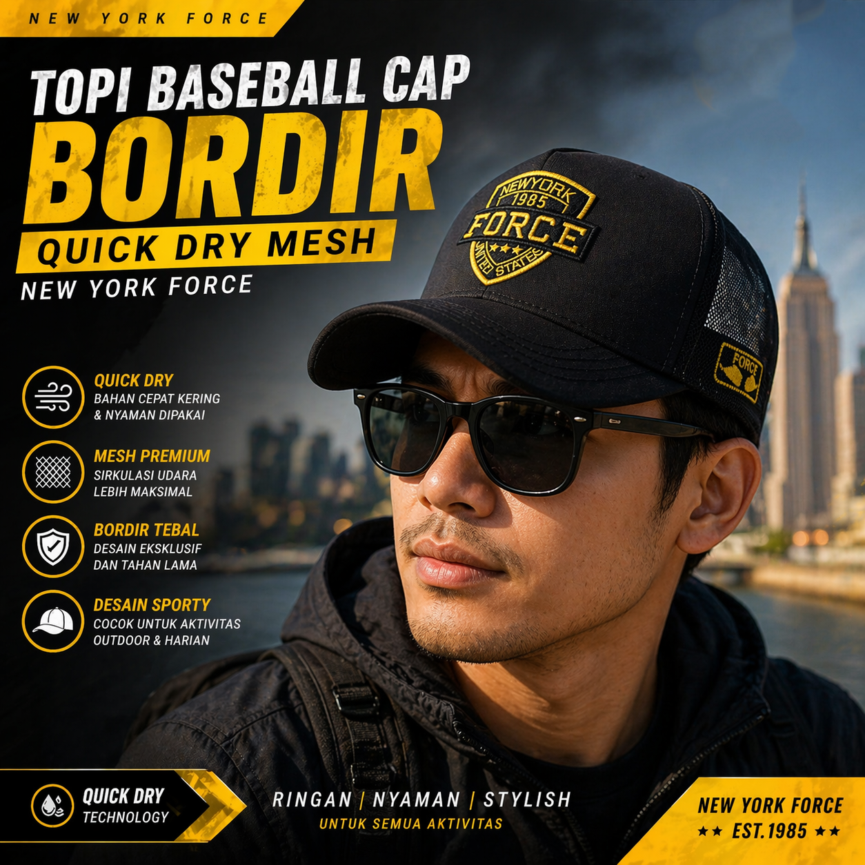 Gambar produk CNOTE Topi Baseball Cap Bordir Quick Dry Mesh New York Force US - C-60